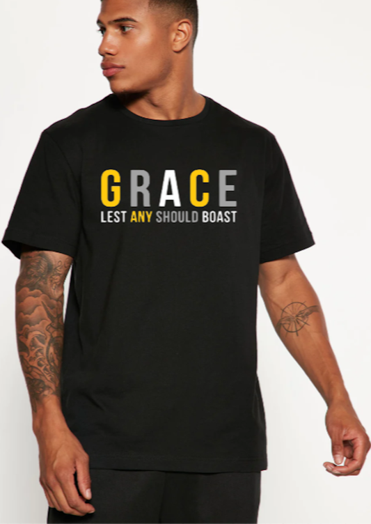 Men's Unisex GRACE LEST ANY SHOULD BOAST Christian Religious Positive Inspirational T-shirt by Believe