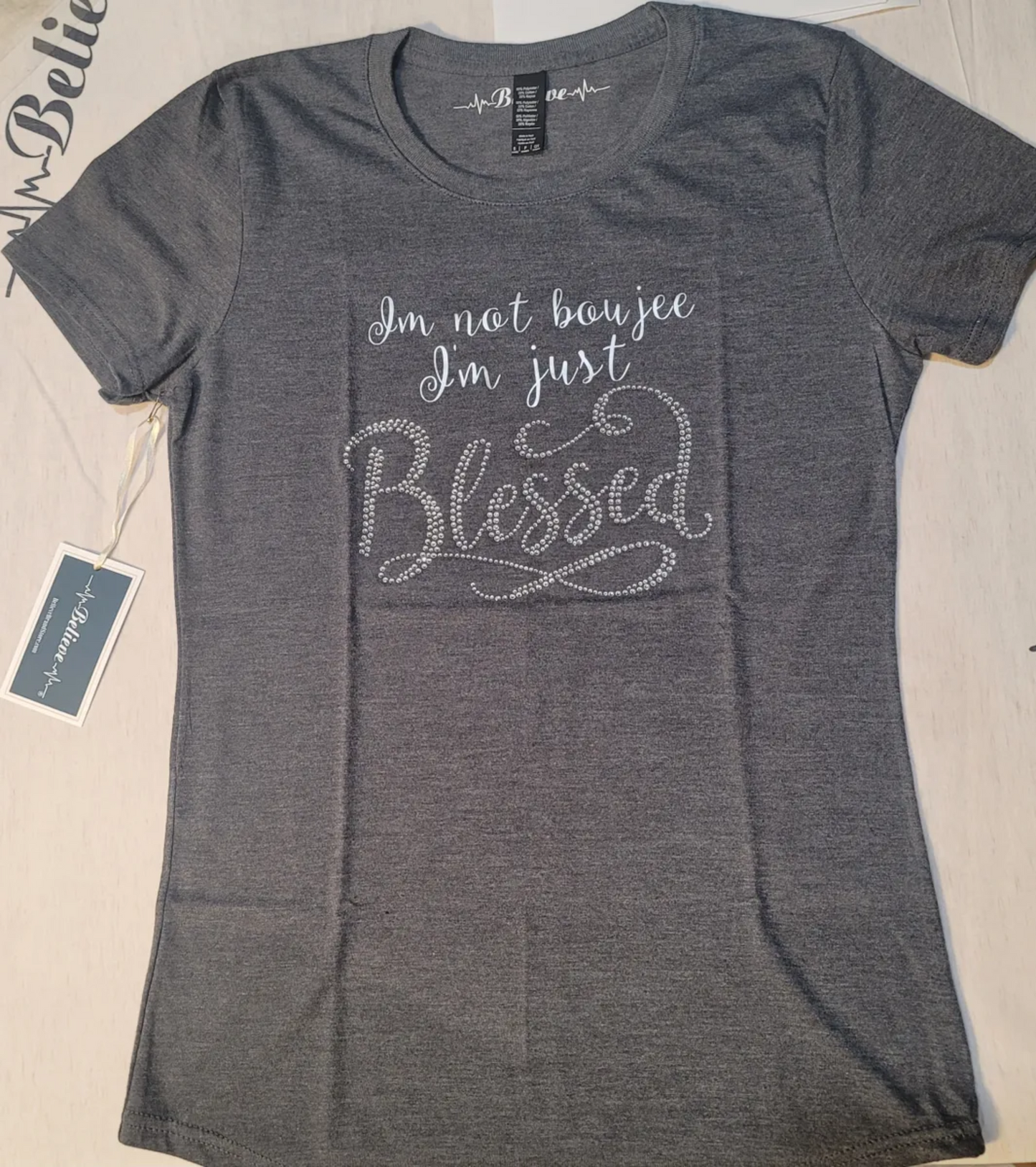 Women's Ladies NOT BOUJEE JUST BLESSED Rhinestone Bling Sparkling T-shirt Gift Christian Religious Tee by Believe